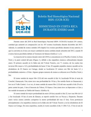 Durante Enero Del 2018 La Red Sismológica Nacional (RSN: UCR
