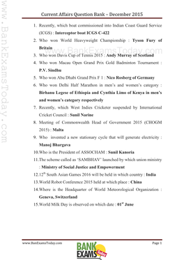 Current Affairs Question Bank – December 2015