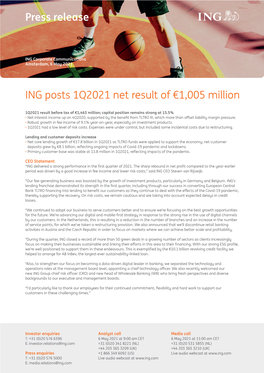 ING Posts 1Q2021 Net Result of €1005 Million