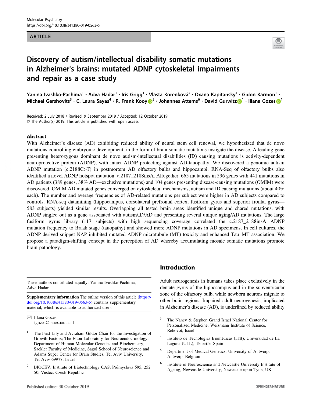 Discovery of Autism/Intellectual Disability Somatic Mutations in Alzheimer's Brains: Mutated ADNP Cytoskeletal Impairments and Repair As a Case Study