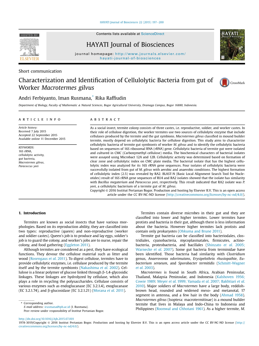 Characterization and Identification of Cellulolytic Bacteria from Gut of Worker Macrotermes Gilvus