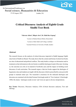 Critical Discourse Analysis of Eighth Grade Sindhi Text Book