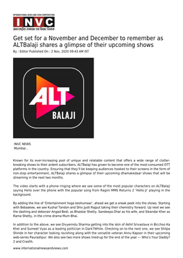 Get Set for a November and December to Remember As Altbalaji Shares a Glimpse of Their Upcoming Shows by : Editor Published on : 2 Nov, 2020 09:43 AM IST