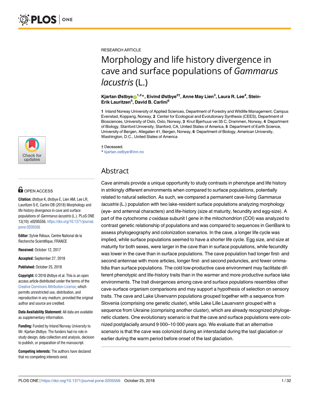 Morphology and Life History Divergence in Cave and Surface Populations of Gammarus Lacustris (L.)