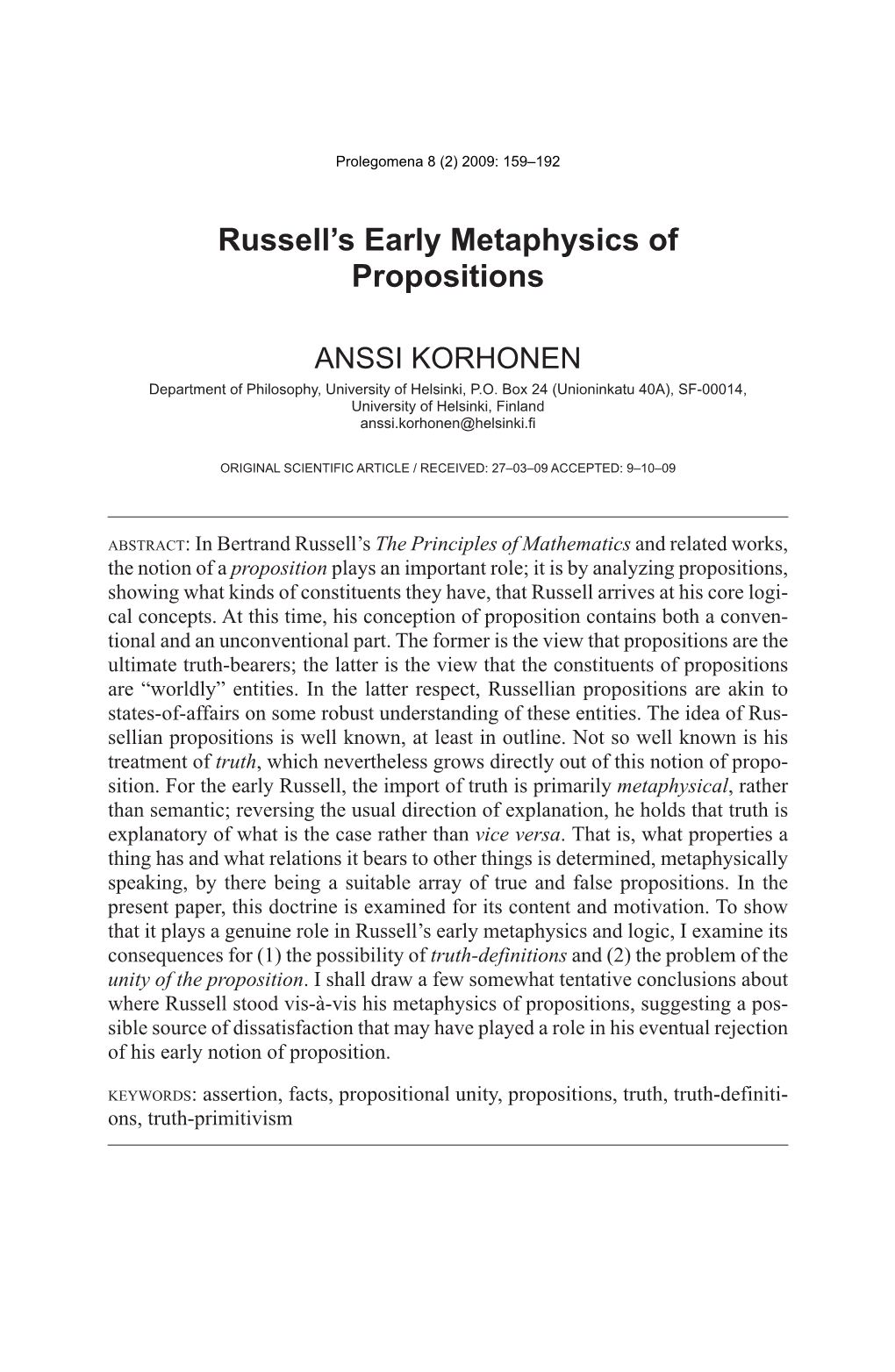 Russell's Early Metaphysics of Propositions