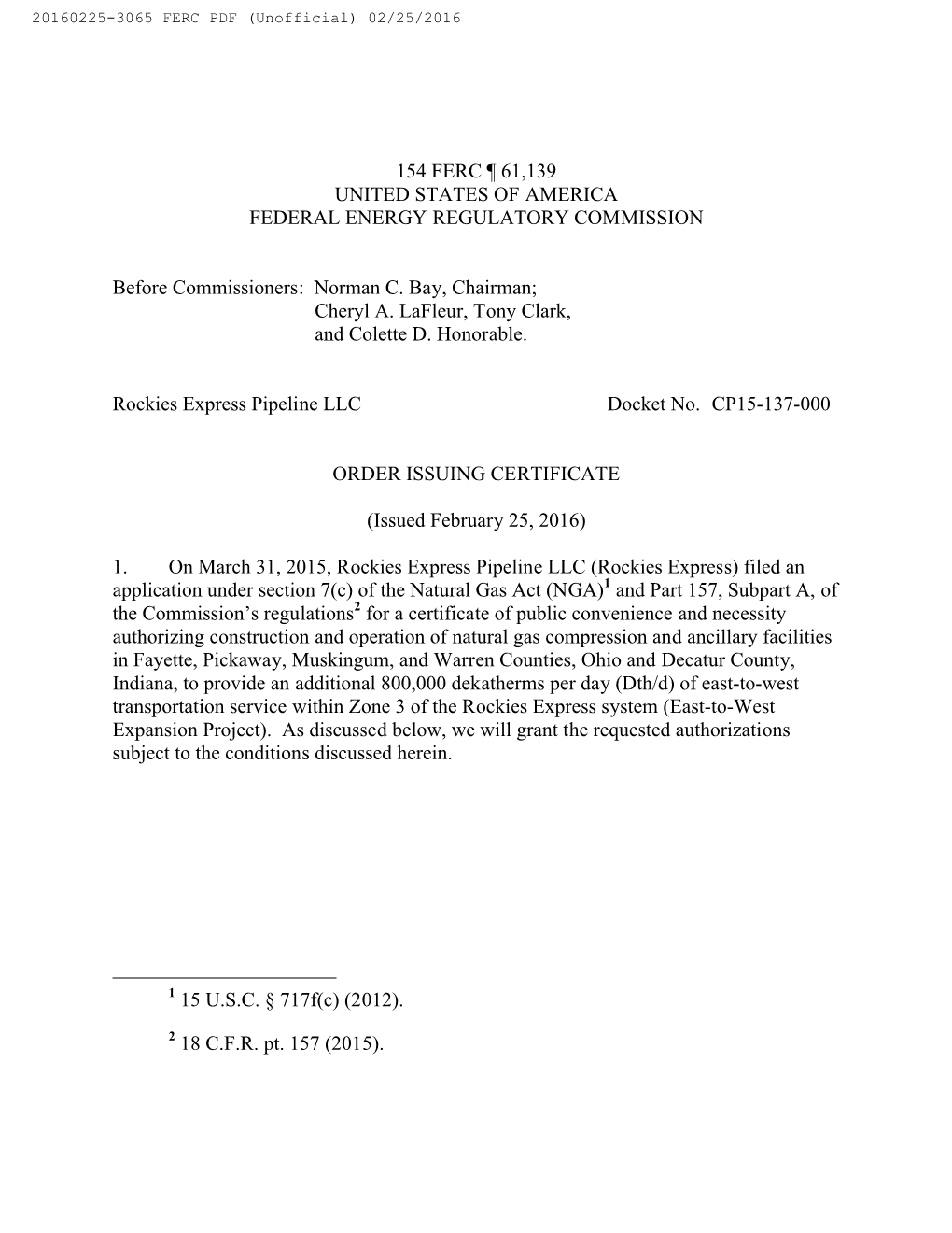 FERC FEB 25 2016 Rockies Express Order.Pdf