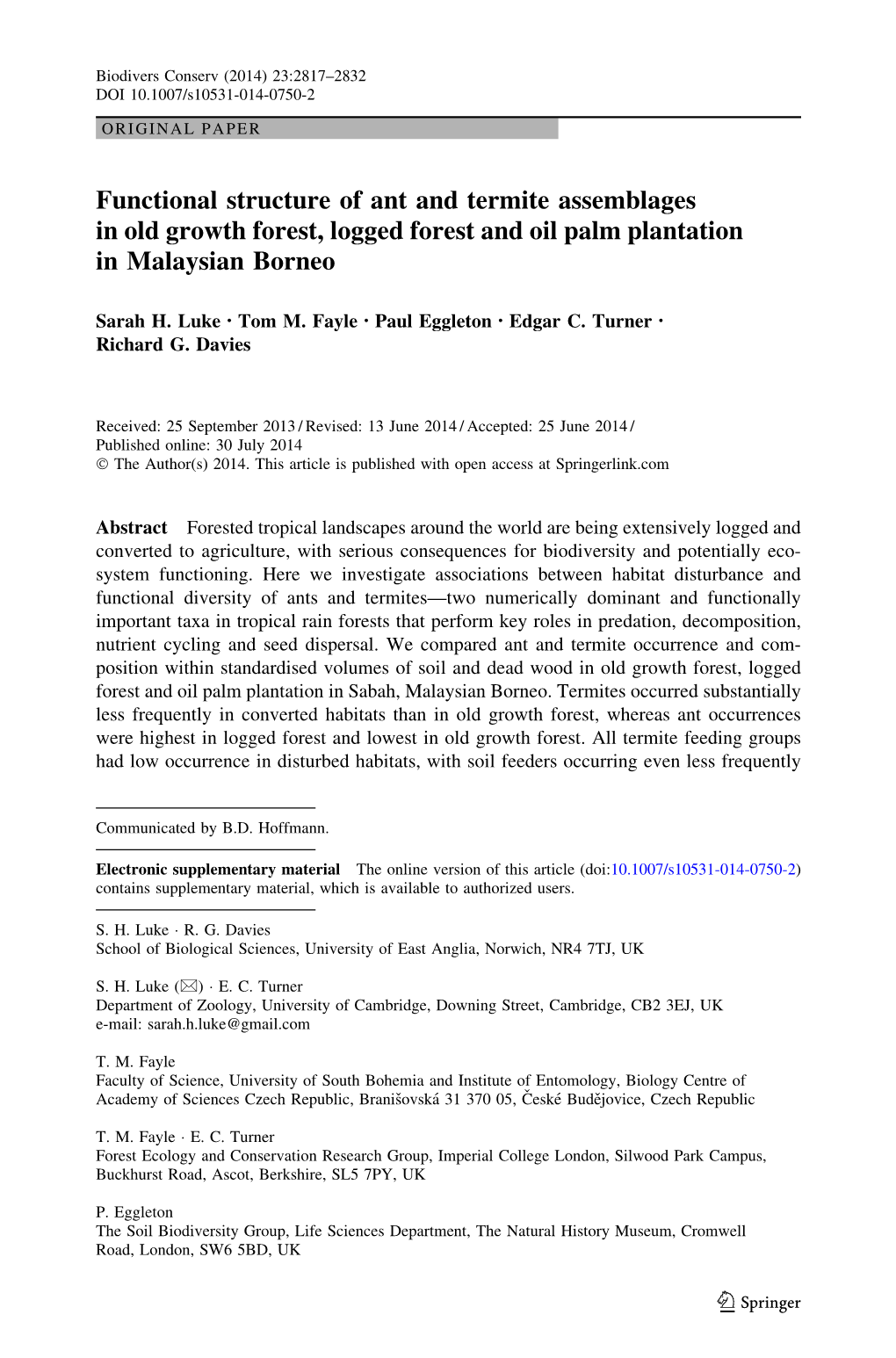 Functional Structure of Ant and Termite Assemblages in Old Growth Forest, Logged Forest and Oil Palm Plantation in Malaysian Borneo