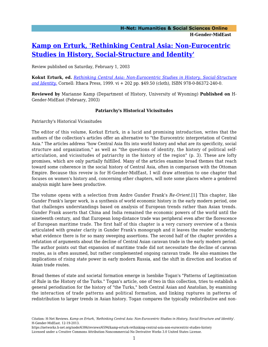 Rethinking Central Asia: Non-Eurocentric Studies in History, Social-Structure and Identity'