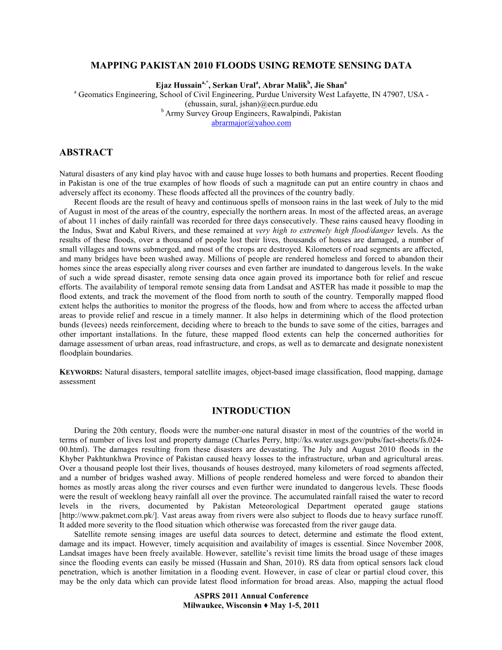 Mapping Pakistan 2010 Floods Using Remote Sensing Data