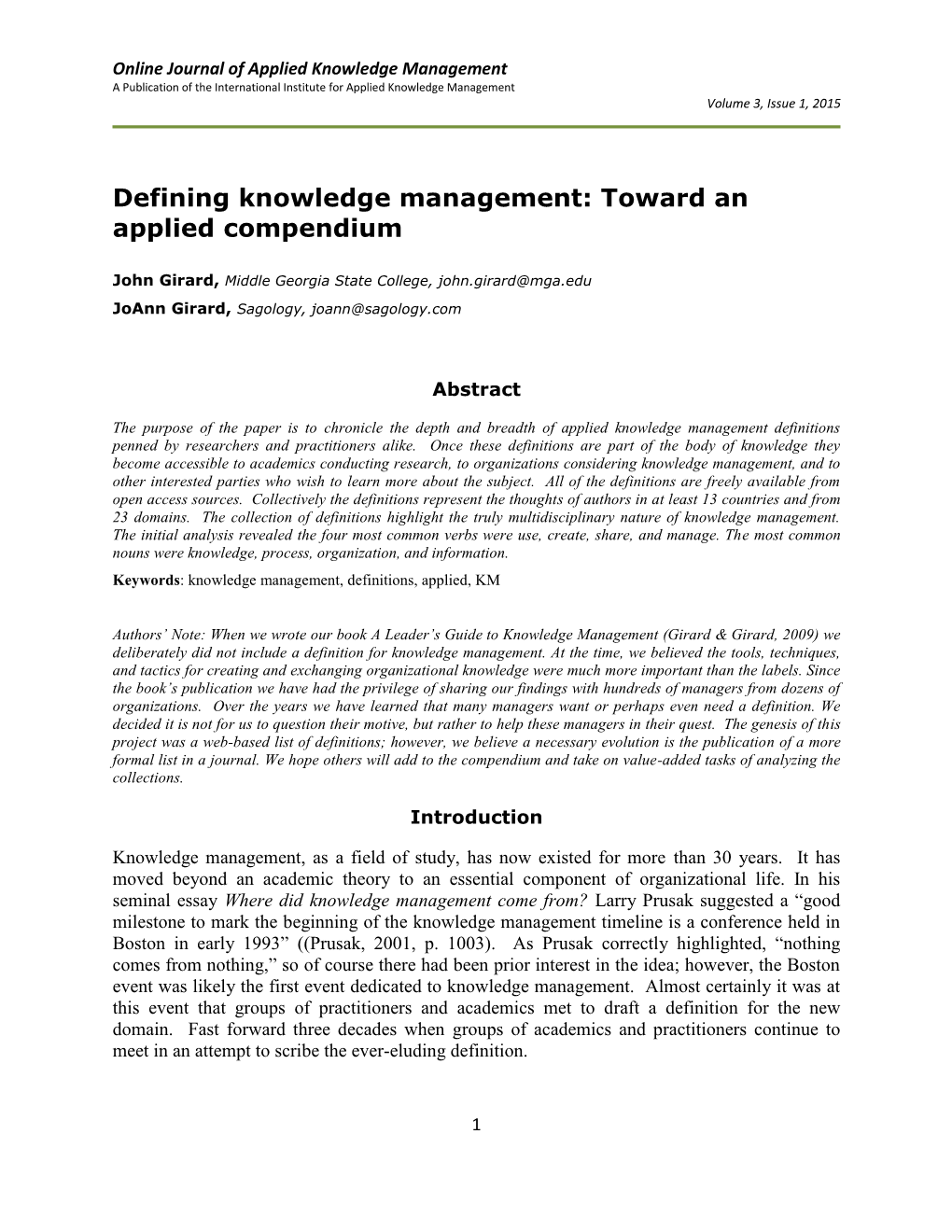 Defining Knowledge Management: Toward an Applied Compendium