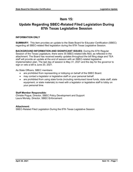 Item 15: Update Regarding SBEC-Related Filed Legislation During 87Th Texas Legislative Session