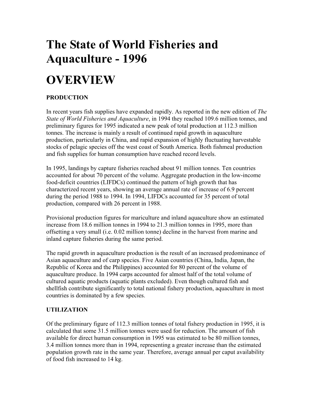 The State of World Fisheries and Aquaculture - 1996 OVERVIEW