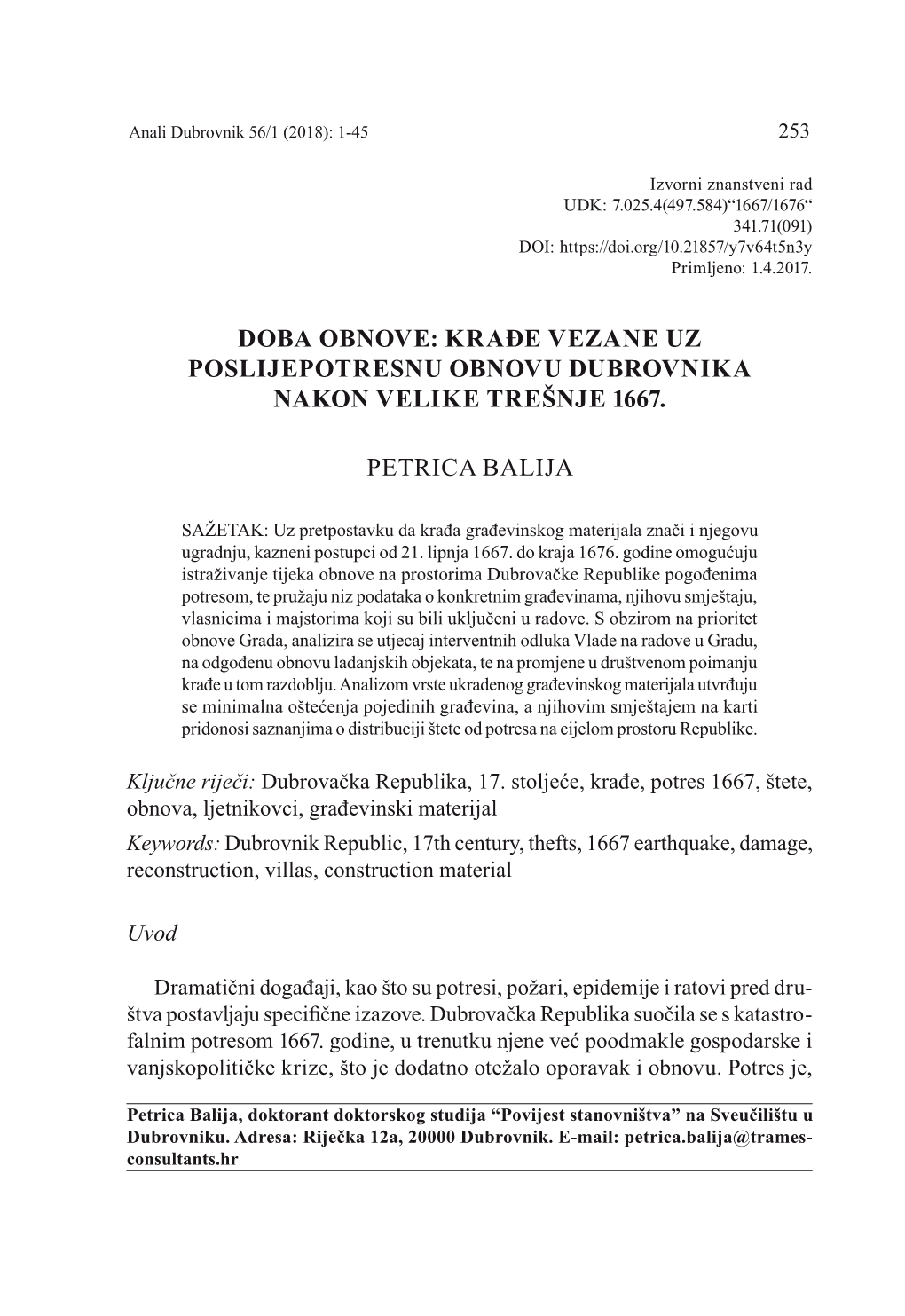 Doba Obnove: Krađe Vezane Uz Poslijepotresnu Obnovu Dubrovnika Nakon Velike Trešnje 1667