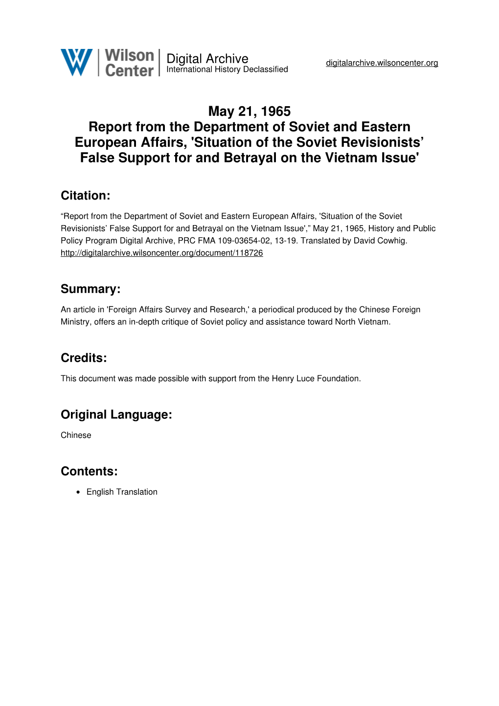 Situation of the Soviet Revisionists’ False Support for and Betrayal on the Vietnam Issue'