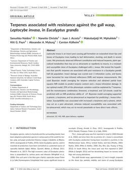 Terpenes Associated with Resistance Against the Gall Wasp, Leptocybe Invasa,Ineucalyptus Grandis