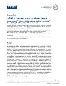 Ncrna Orthologies in the Vertebrate Lineage Miguel Pignatelli1,*, Albert J