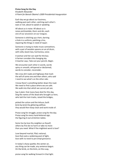 Praise Song for the Day Elizabeth Alexander a Poem for Barack Obama’S 2009 Presidential Inauguration