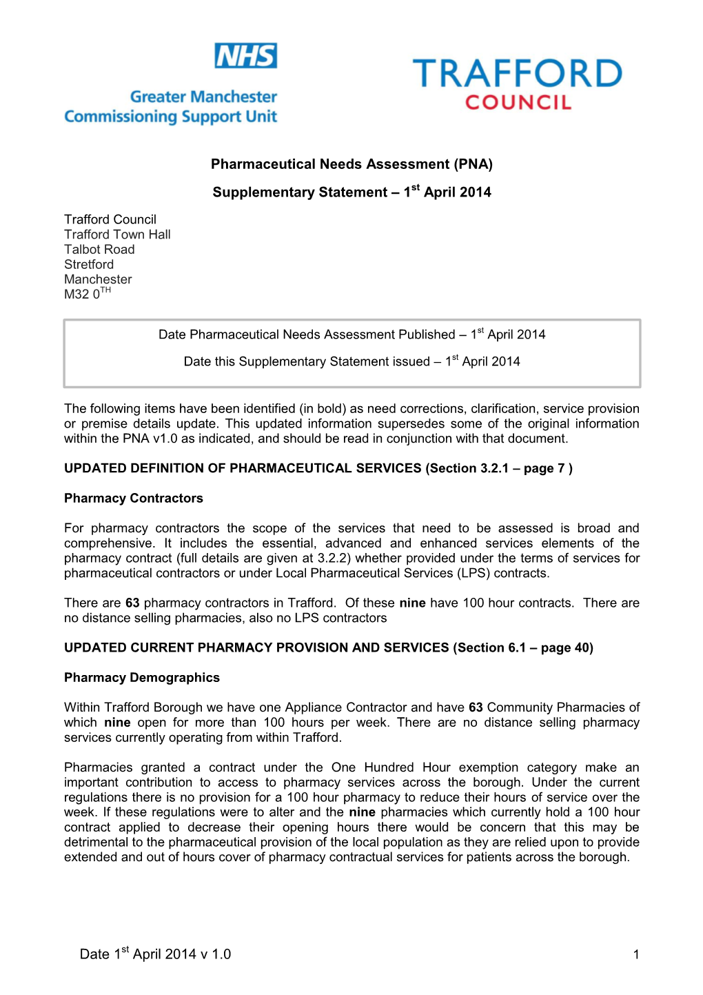 Trafford Supplementary Statement March 2014