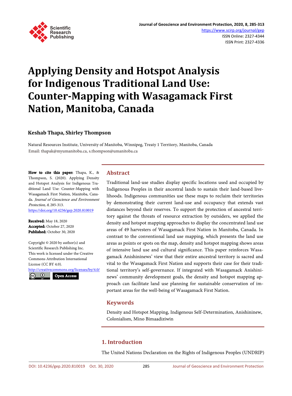 Applying Density and Hotspot Analysis for Indigenous Traditional Land Use: Counter-Mapping with Wasagamack First Nation, Manitoba, Canada