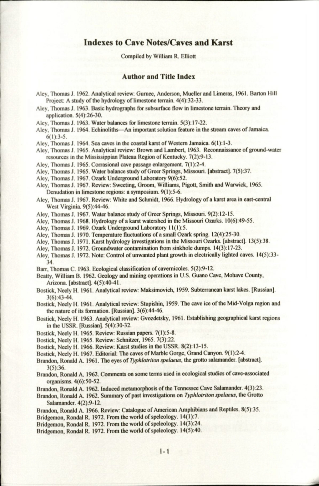 Indexes to Cave Notes/Caves and Karst