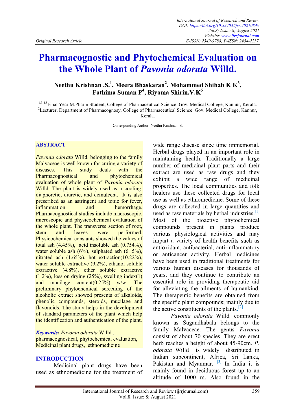 Pharmacognostic and Phytochemical Evaluation on the Whole Plant of Pavonia Odorata Willd