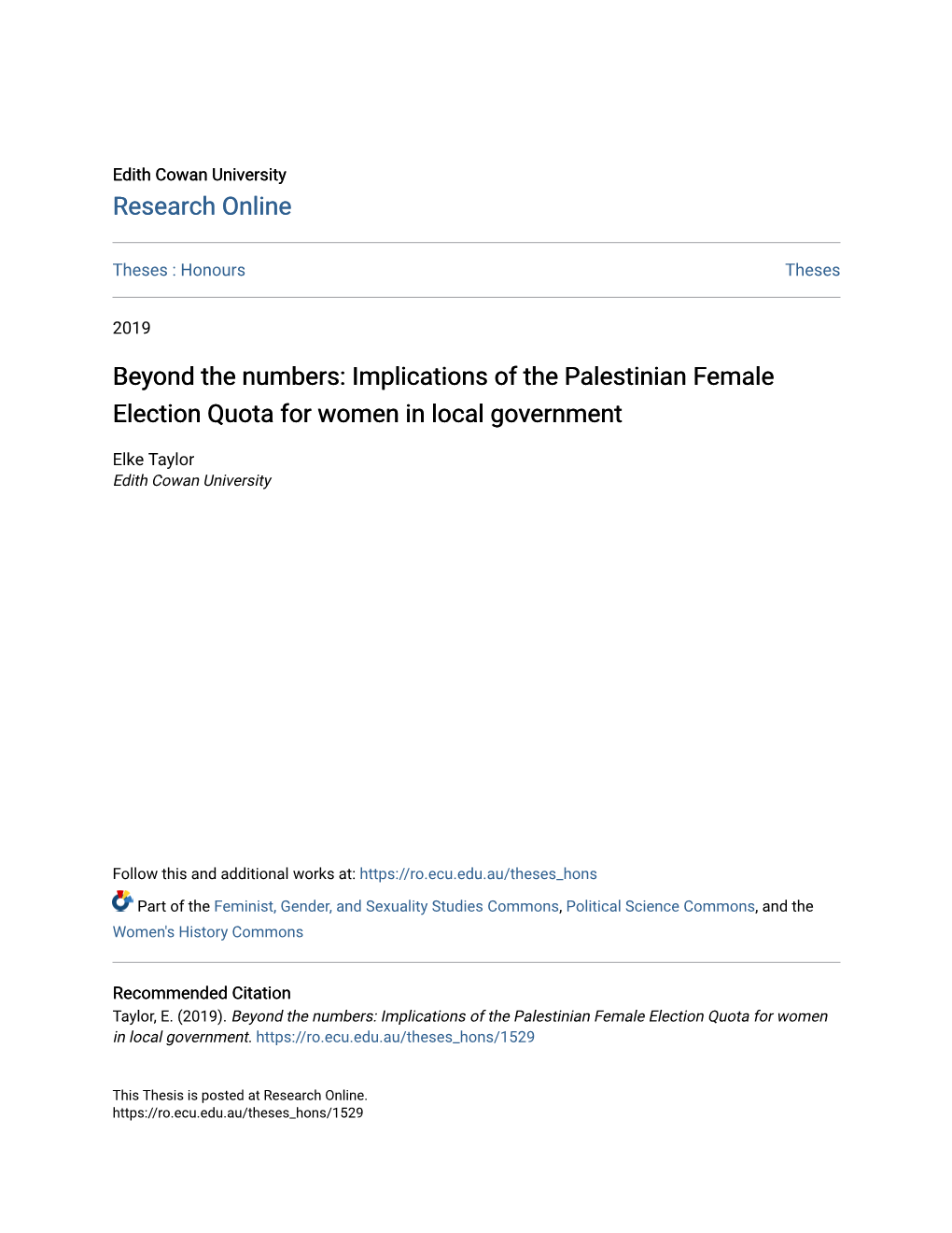 Implications of the Palestinian Female Election Quota for Women in Local Government