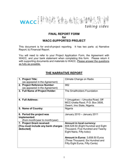FINAL REPORT FORM for WACC-SUPPORTED PROJECT