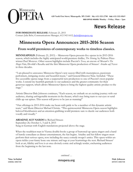 Minnesota Opera Announces 2015-2016 Season