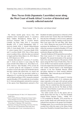 Does Nucras Livida (Squamata: Lacertidae) Occur Along the West Coast of South Africa? a Review of Historical and Recently Collected Material