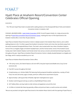 Hyatt Place at Anaheim Resort/Convention Center Celebrates Official Opening