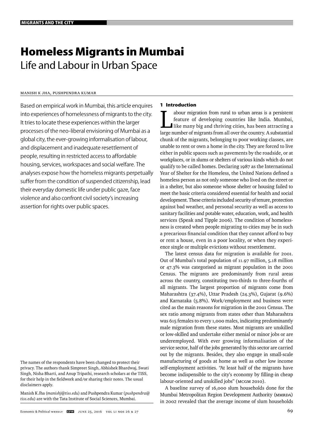 Homeless Migrants in Mumbai Life and Labour in Urban Space