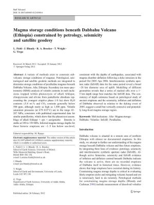 Magma Storage Conditions Beneath Dabbahu Volcano (Ethiopia) Constrained by Petrology, Seismicity and Satellite Geodesy