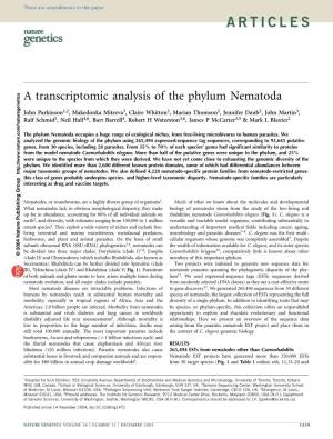 A Transcriptomic Analysis of the Phylum Nematoda