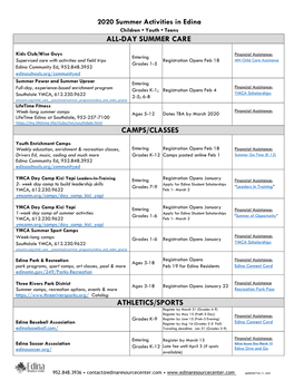 All-Day Summer Care Camps/Classes Athletics/Sports