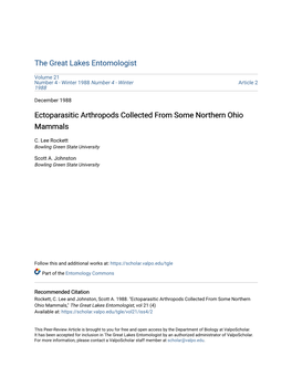 Ectoparasitic Arthropods Collected from Some Northern Ohio Mammals