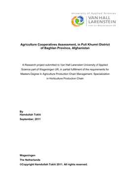 Agriculture Cooperatives Assessment, in Puli Khumri District of Baghlan Province, Afghanistan