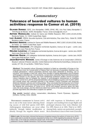Tolerance of Bearded Vultures to Human Activities: Response to Comor Et Al