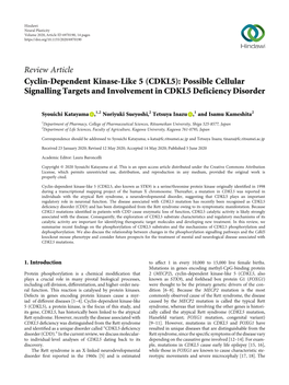 Review Article Cyclin-Dependent Kinase-Like 5 (CDKL5): Possible Cellular Signalling Targets and Involvement in CDKL5 Deficiency Disorder
