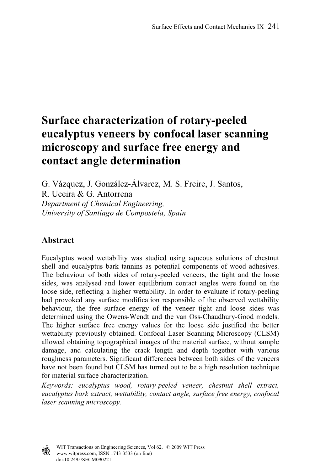 Surface Characterization of Rotary-Peeled Eucalyptus Veneers by Confocal Laser Scanning Microscopy and Surface Free Energy and Contact Angle Determination