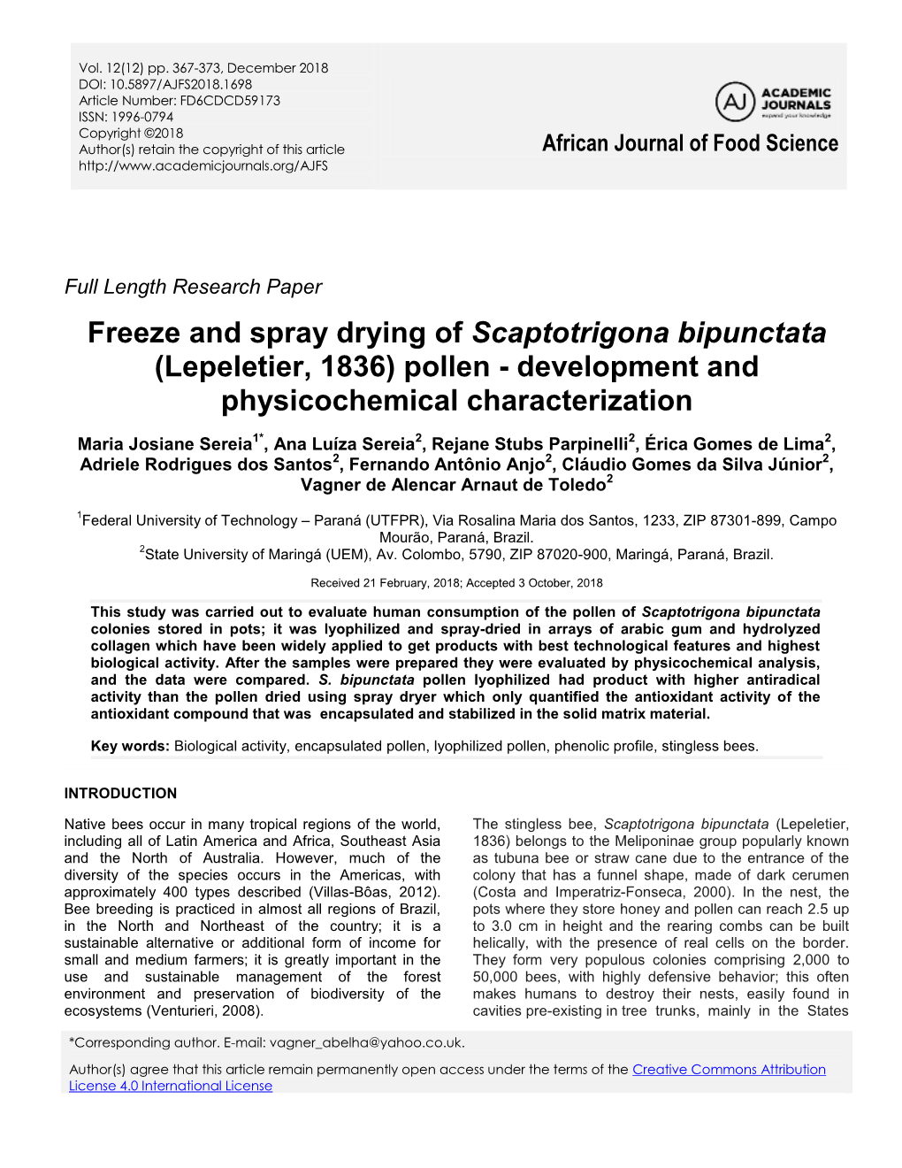 Freeze and Spray Drying of Scaptotrigona Bipunctata (Lepeletier, 1836) Pollen - Development and Physicochemical Characterization