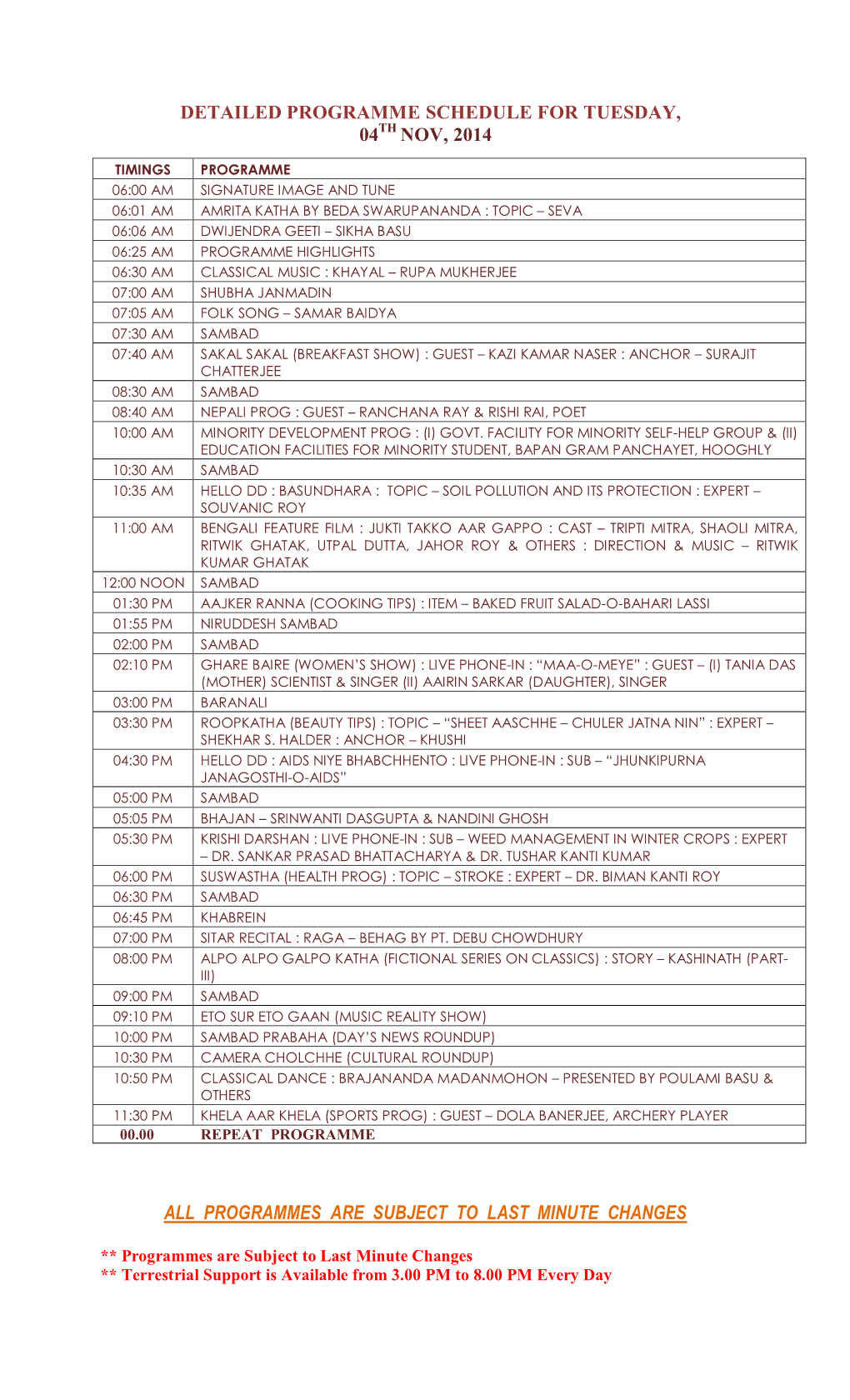 Detailed Programme Schedule for Tuesday, 04Th Nov, 2014