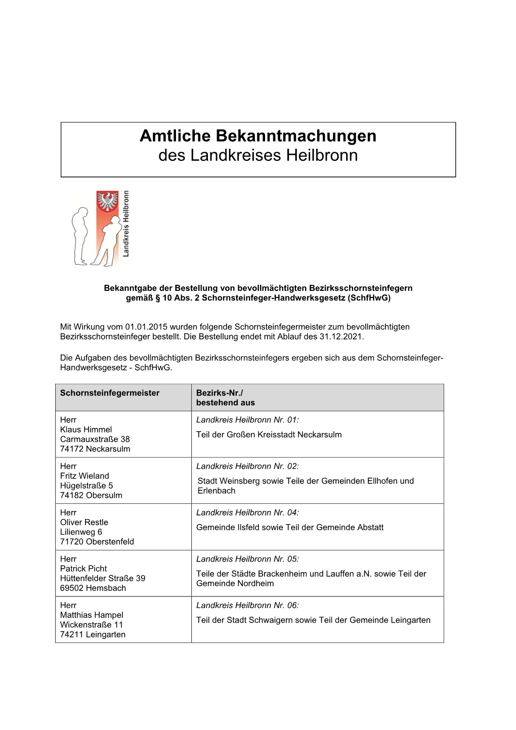 Amtliche Bekanntmachungen Des Landkreises Heilbronn
