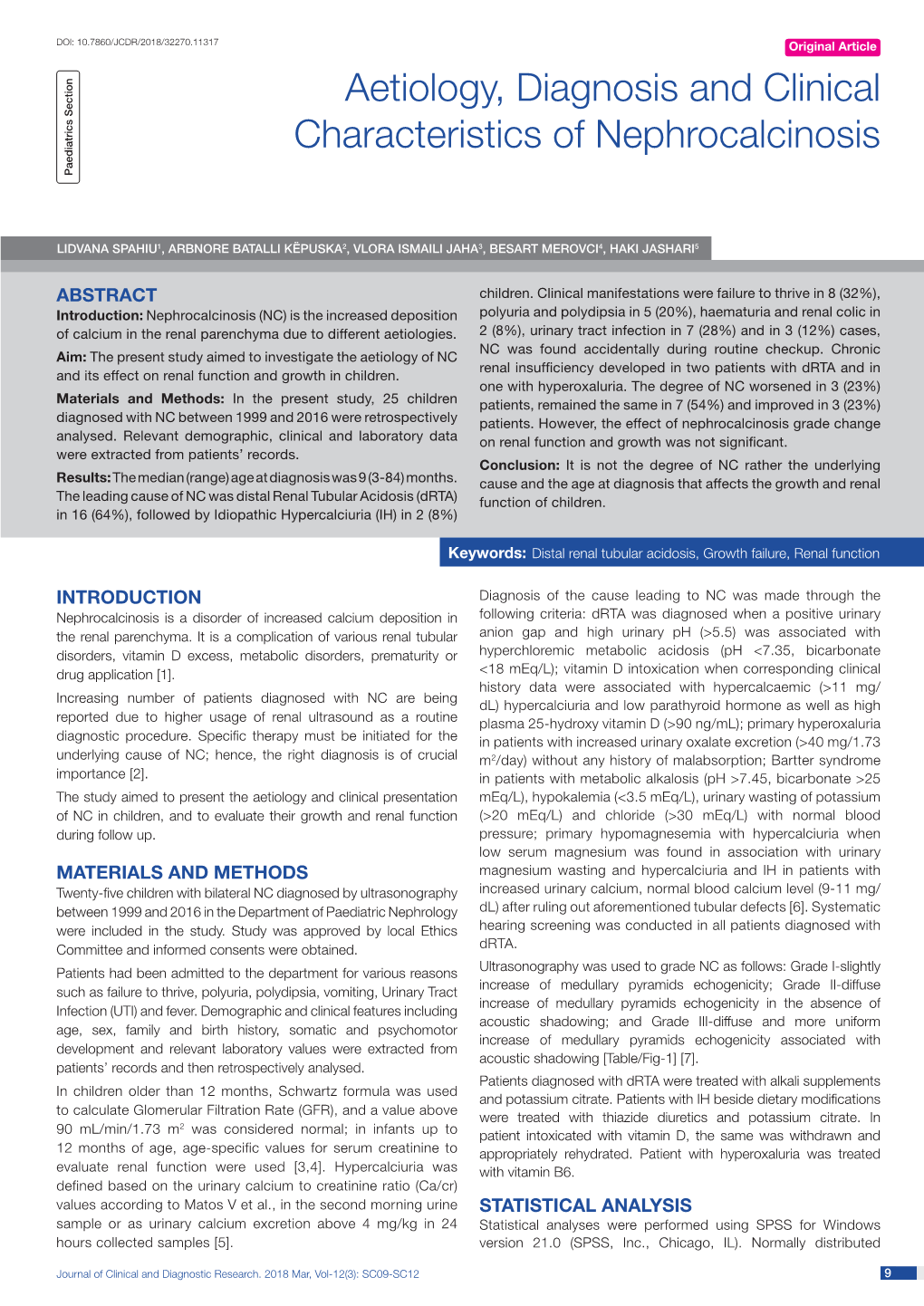 Aetiology, Diagnosis and Clinical Characteristics of Nephrocalcinosis