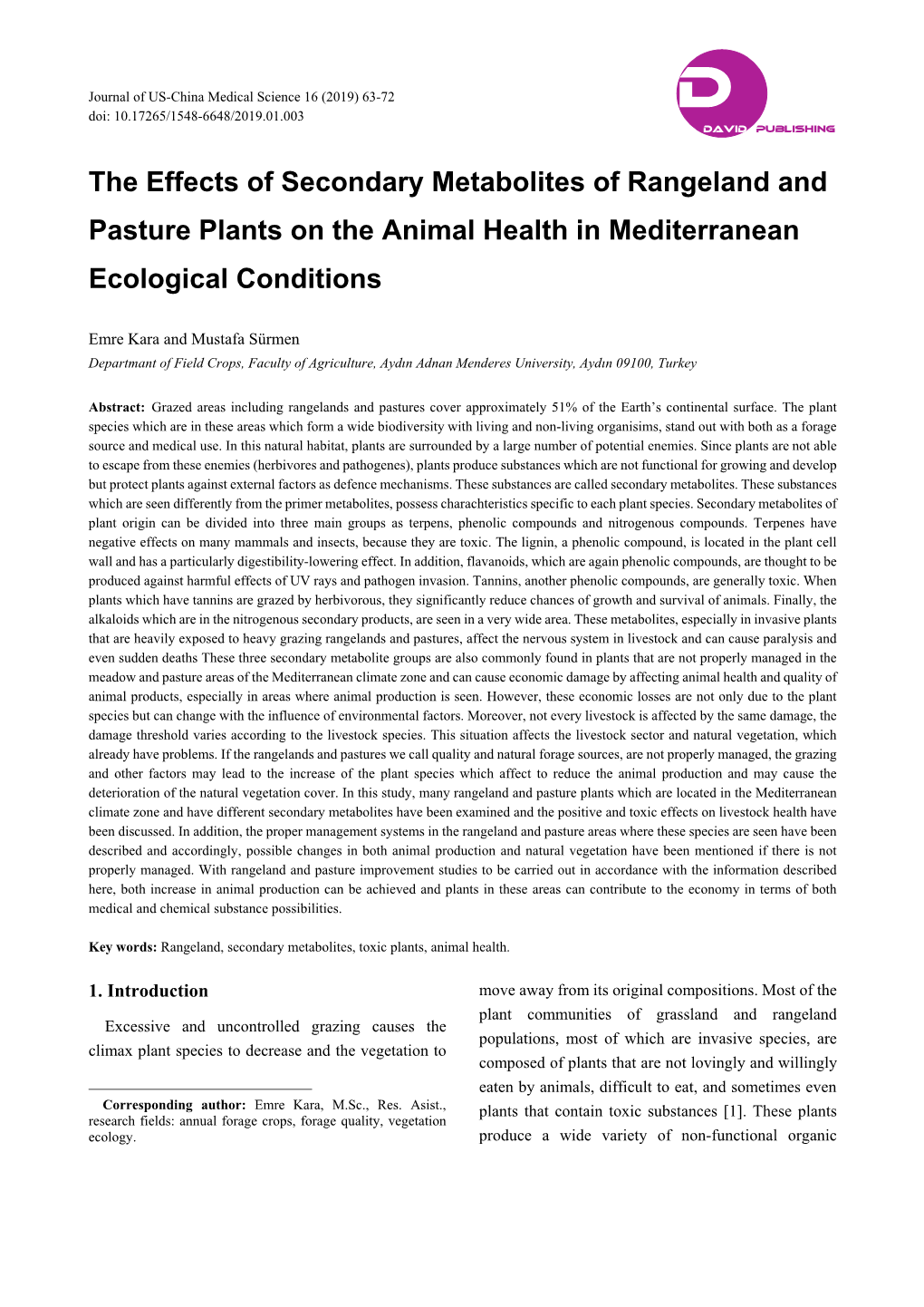 The Effects of Secondary Metabolites of Rangeland and Pasture Plants on the Animal Health in Mediterranean Ecological Conditions