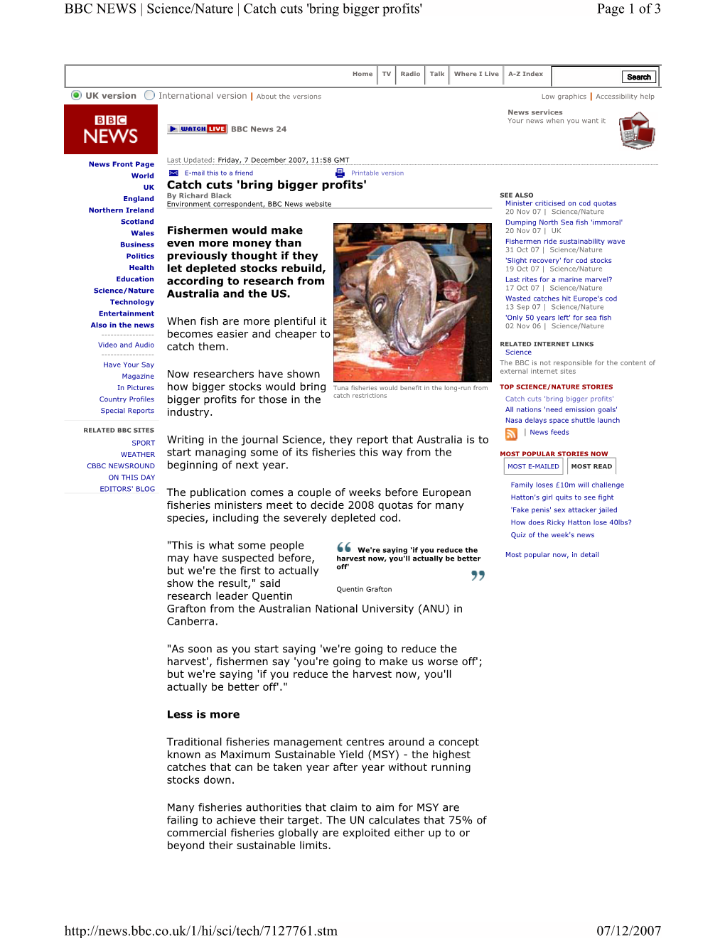 Page 1 of 3 BBC NEWS | Science/Nature | Catch Cuts 'Bring