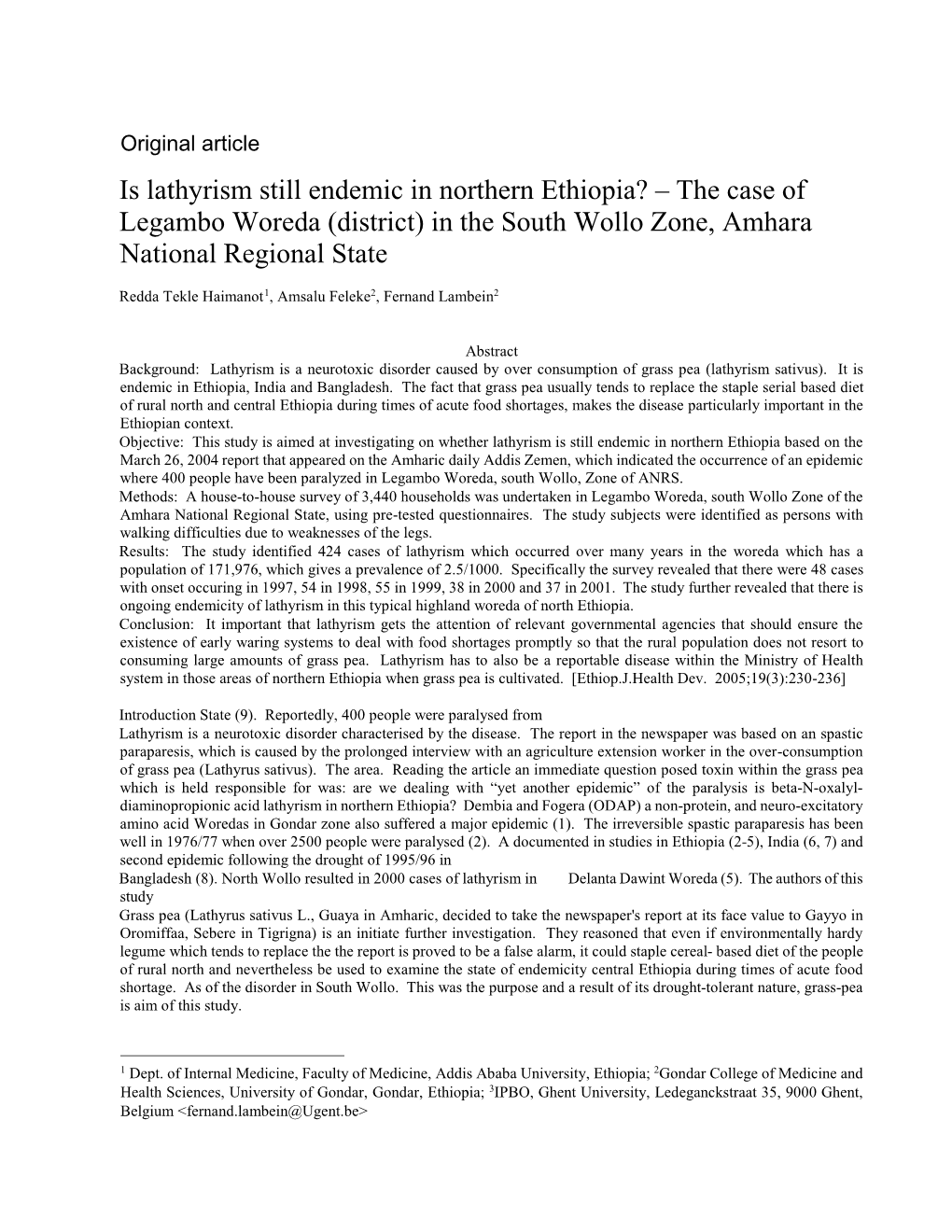 Is Lathyrism Still Endemic in Northern Ethiopia? – the Case of Legambo Woreda (District) in the South Wollo Zone, Amhara National Regional State