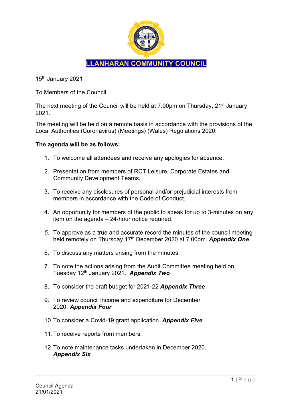 Ordinary Council Agenda & Papers 21-01