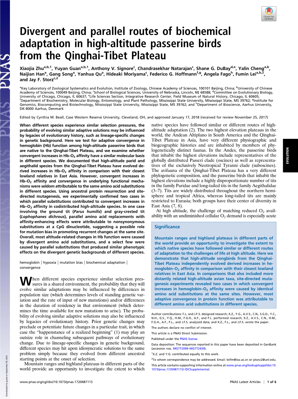 Divergent and Parallel Routes of Biochemical Adaptation in High-Altitude Passerine Birds from the Qinghai-Tibet Plateau