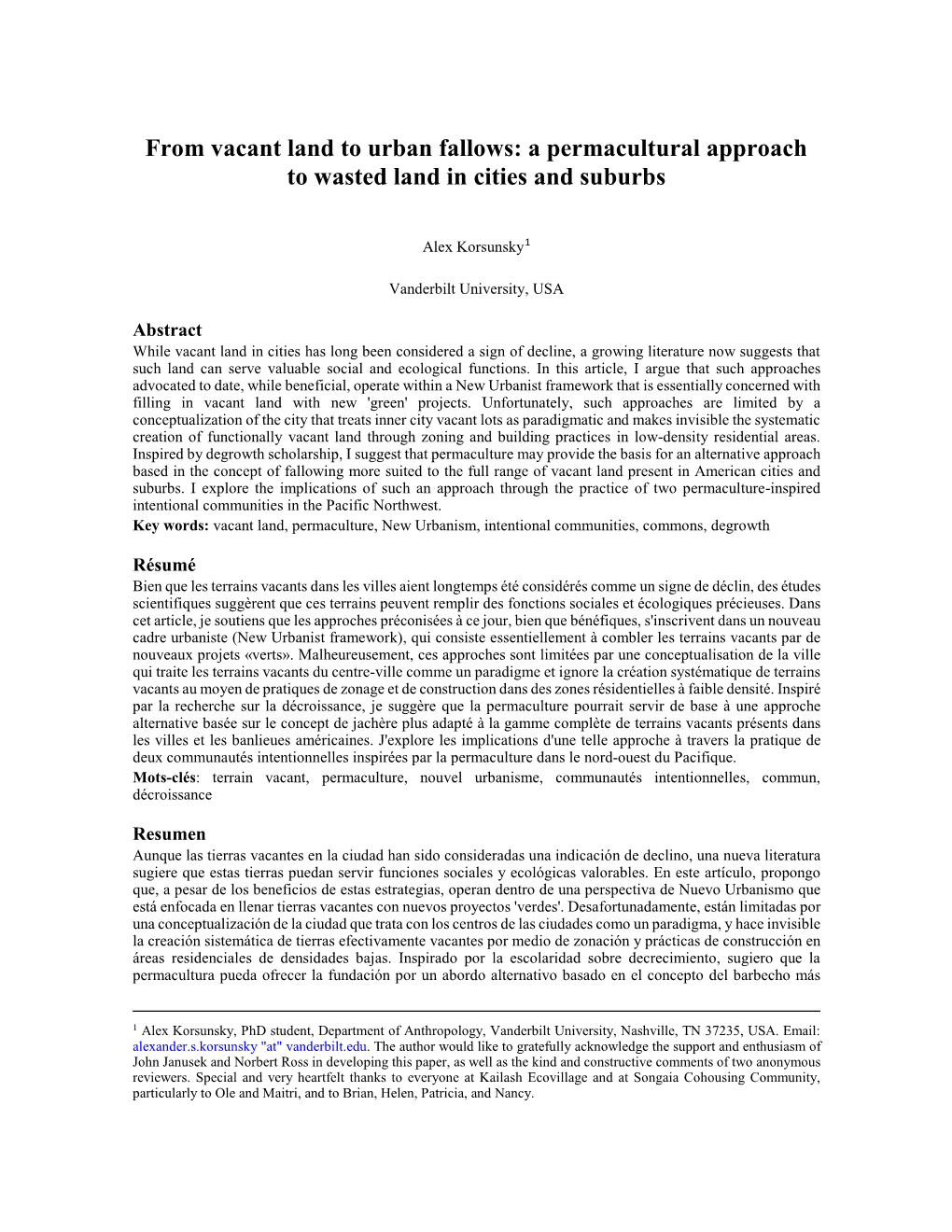 From Vacant Land to Urban Fallows: a Permacultural Approach to Wasted Land in Cities and Suburbs