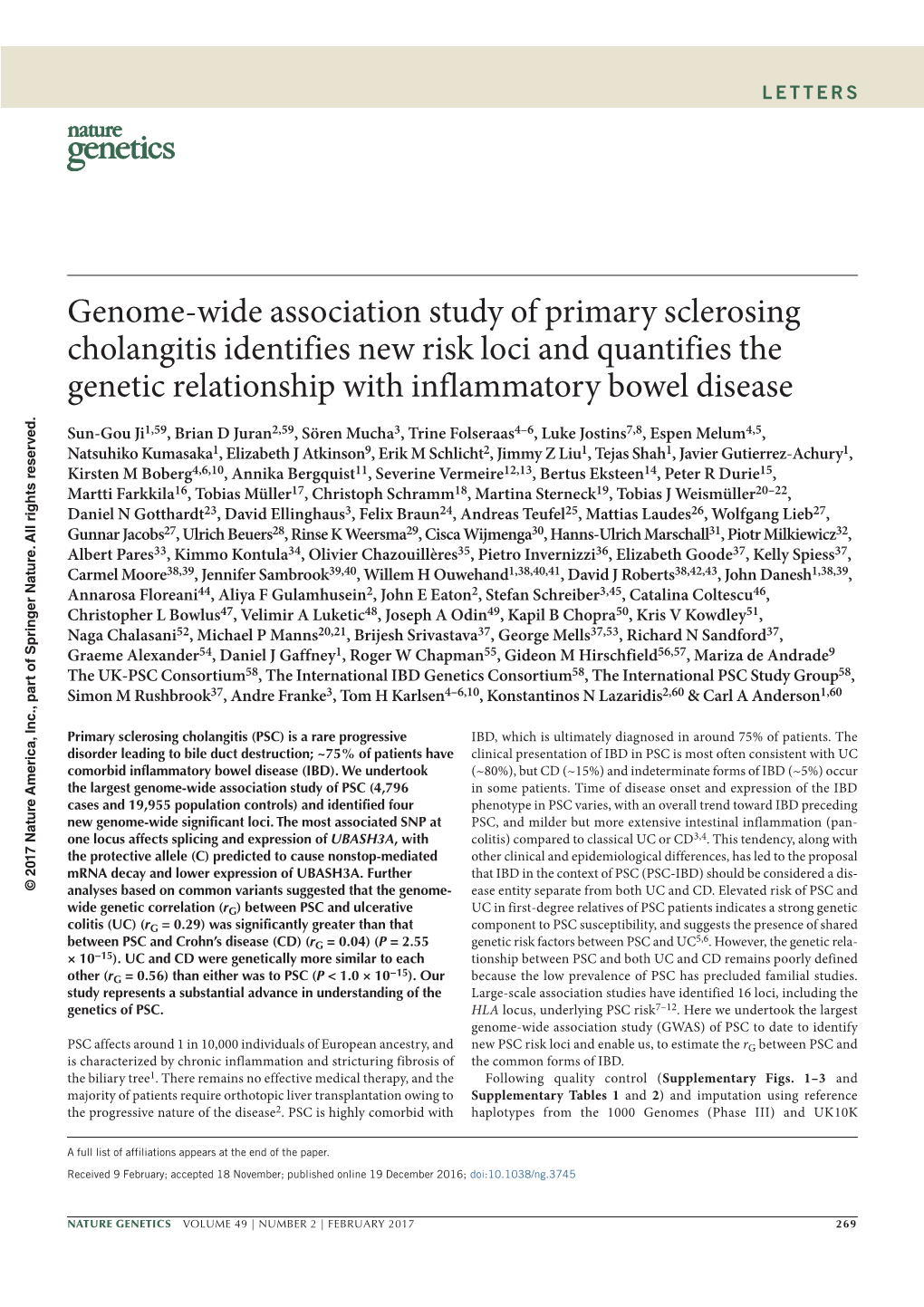 Genome-Wide Association Study of Primary Sclerosing Cholangitis Identifies New Risk Loci and Quantifies the Genetic Relationship with Inflammatory Bowel Disease